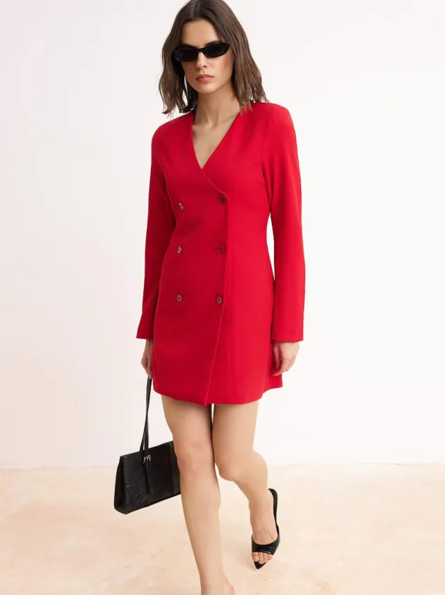 Trendyol TRENDYOLMİLLA Dames Rood Effen Kort / Mini Lang Avond / Dagelijks Blazer Jurk Jurken