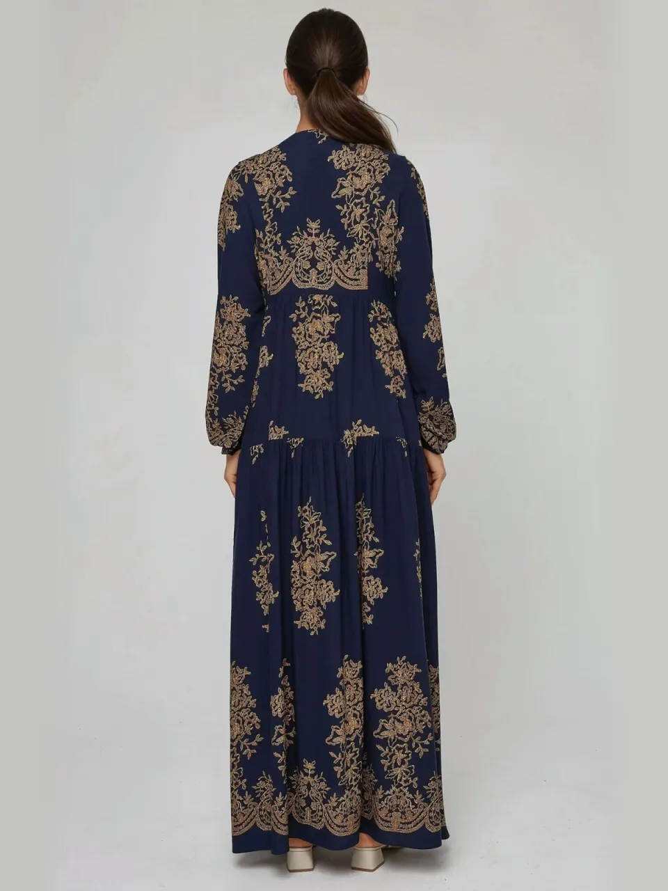 Hiccup Geprinte Lange Mouwen Viscose Maxi Jurk marineblauw, foto 2
