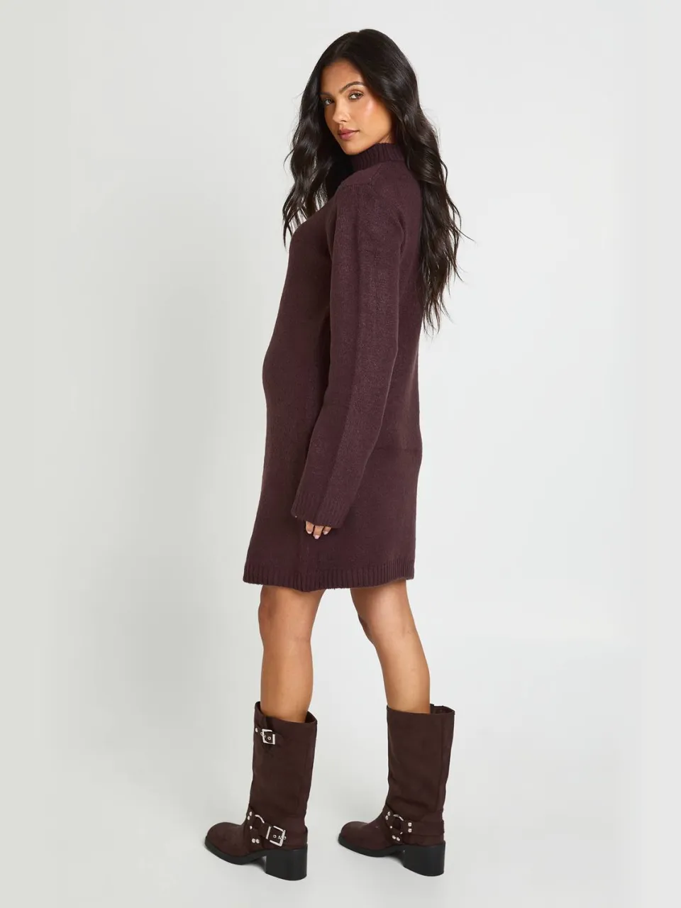 boohoo Dames Zwangerschaps Trui-jurk Met Hoge Kraag En Naaddetail In Gebreid Mini-model chocoladebruin, foto 3