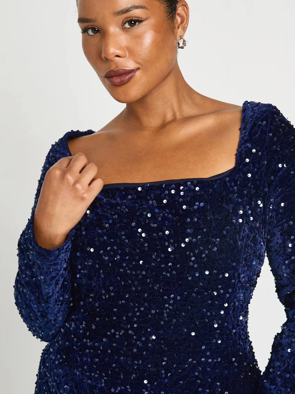 boohoo Dames Plus Vierkante Hals Lange Mouwen Jurk marineblauw, foto 4