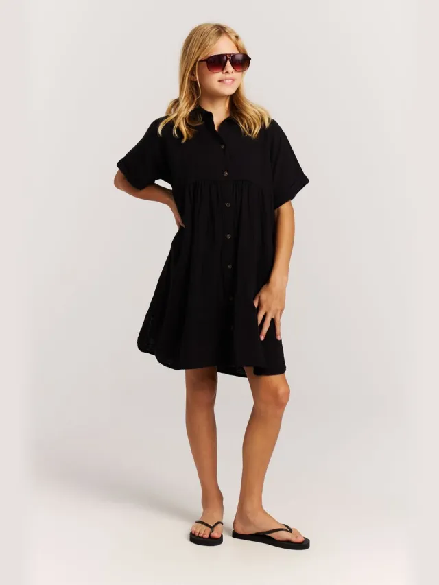Protest PRTHalaki JR - Mini-jurk Meisjes - Korte mouwen - Knielengte - Knoopsluiting - Zwart True Black