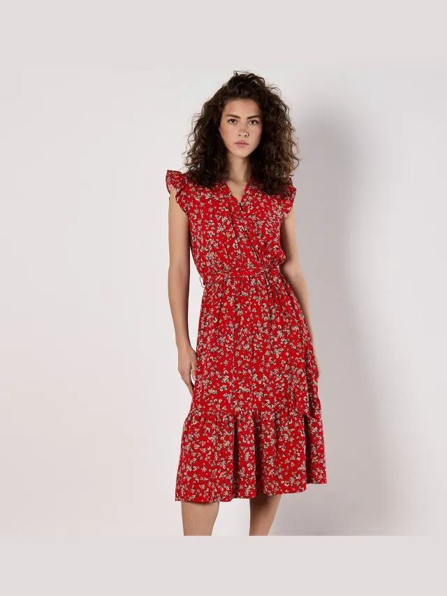 Apricot Midi-jurk met bloemenprint en ruches Rood