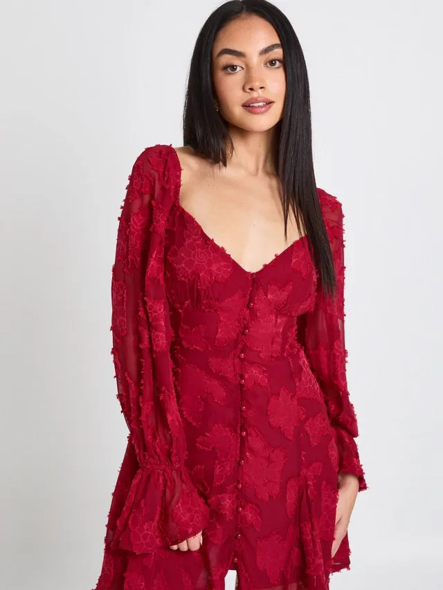 boohoo Dames Burnout Bloemenprint Godet Zoom Mini Jurk merlot
