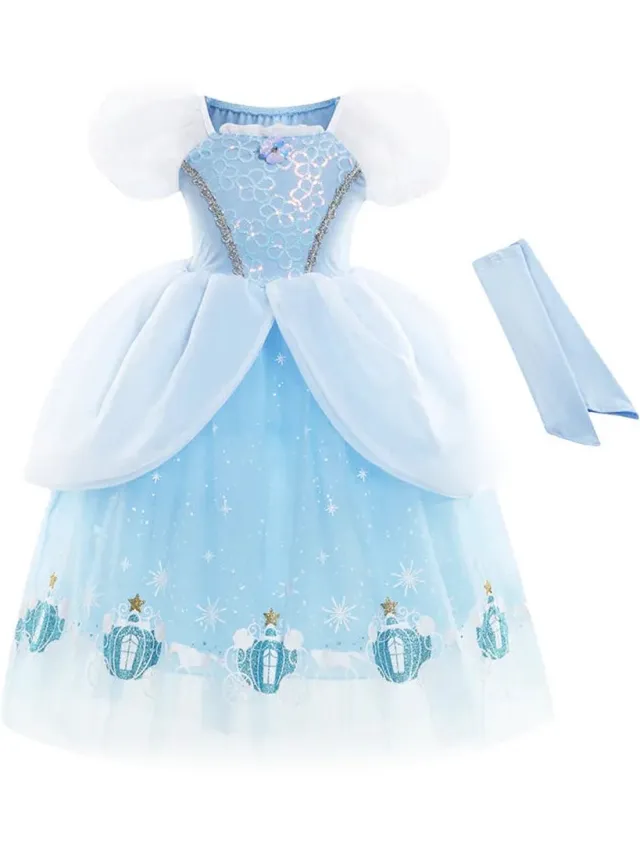 Prinsessendroom Assepoester - Magische Middernacht jurk - 122 (6/7 jaar) - Prinsessenjurk - Verkleed kleding - Feestjurk Blauw