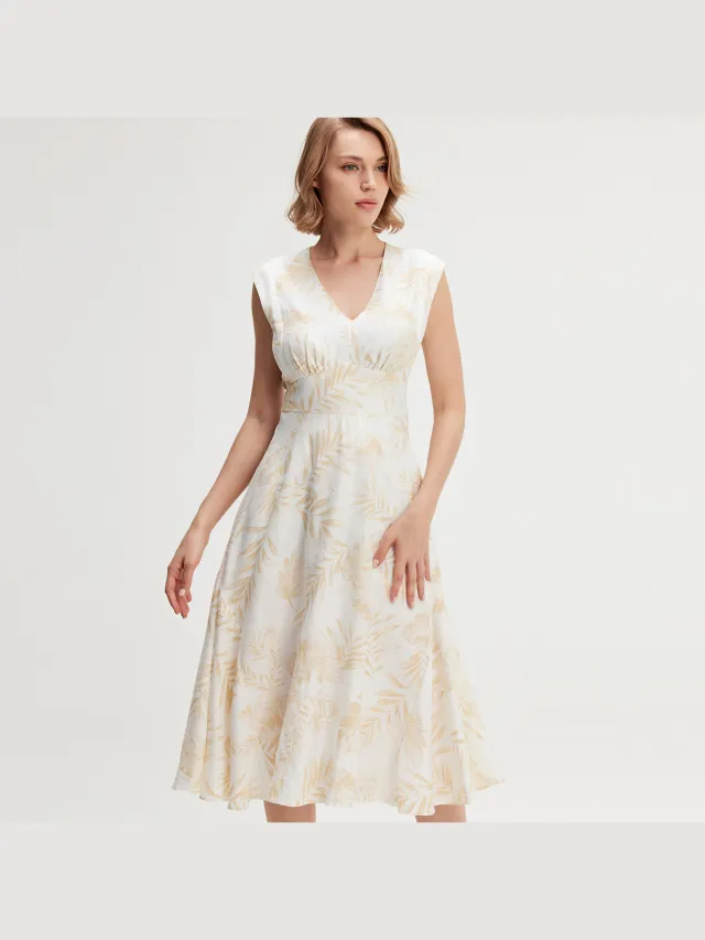 Smart & Joy Tropische afdruk mouwloze midi -jurk Beige