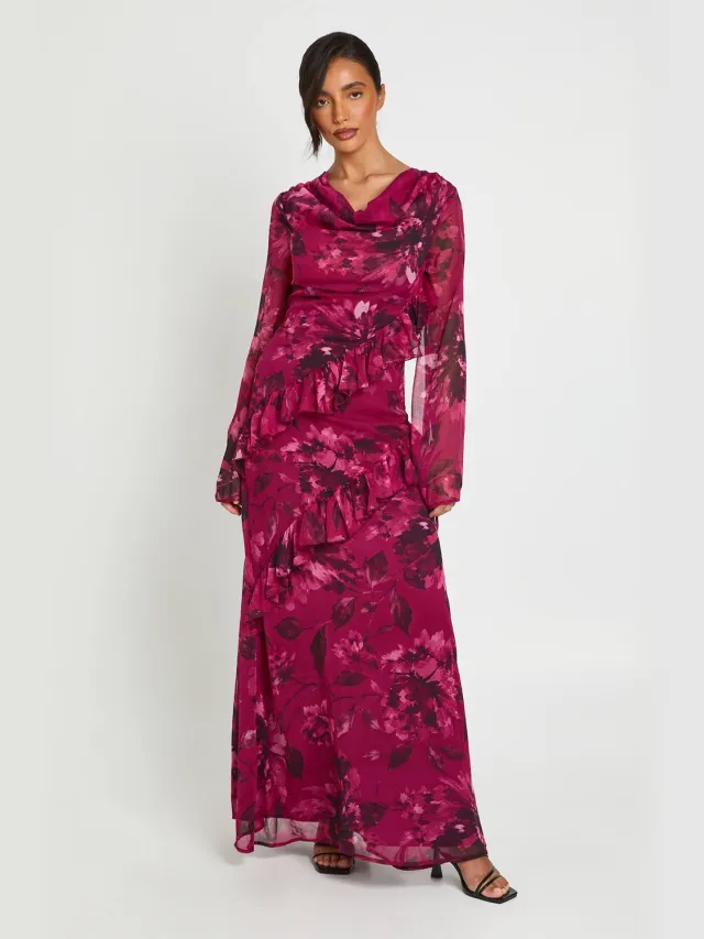 boohoo Dames Chiffon Maxi-jurk Met Col-hals En Diagonaal Bloemenruche-detail Pruim