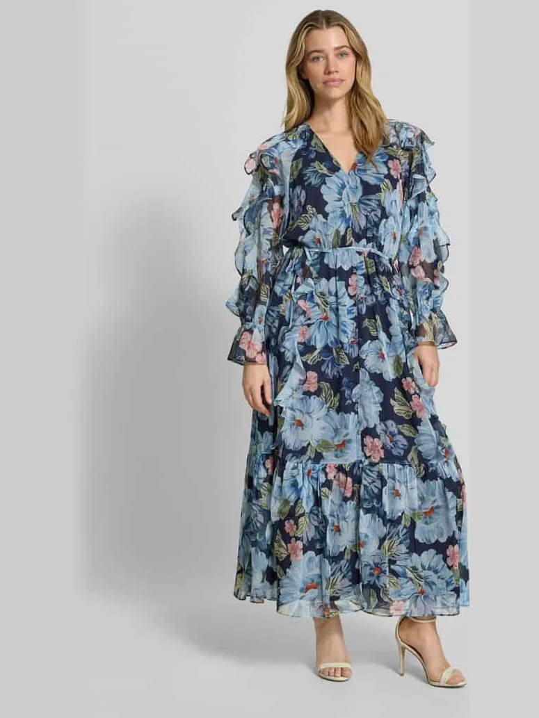 Oui maxi-jurk met ruches en knoopsluiting Donkerblauw gemêleerd