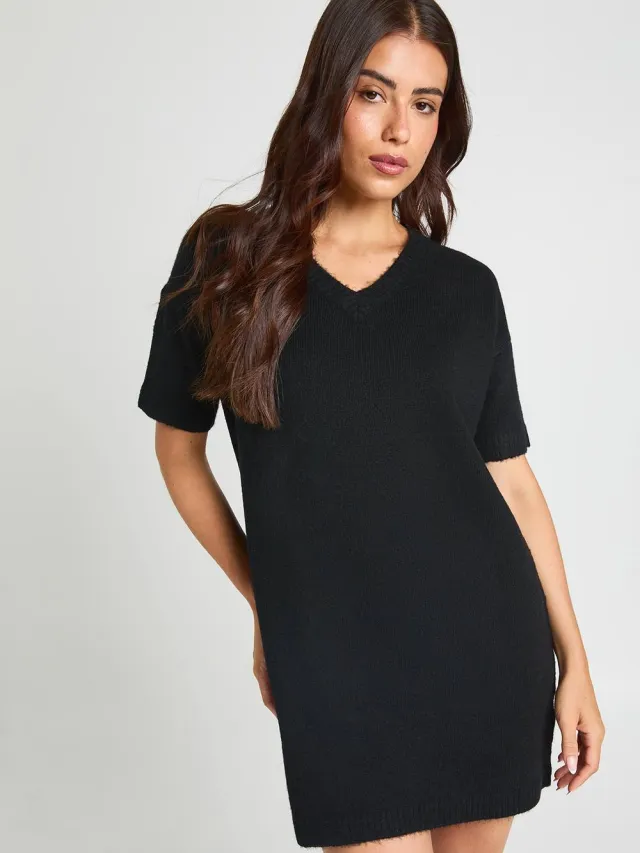boohoo Dames Gebreide Mini-jurk Met V-hals En Korte Mouwen Zwart