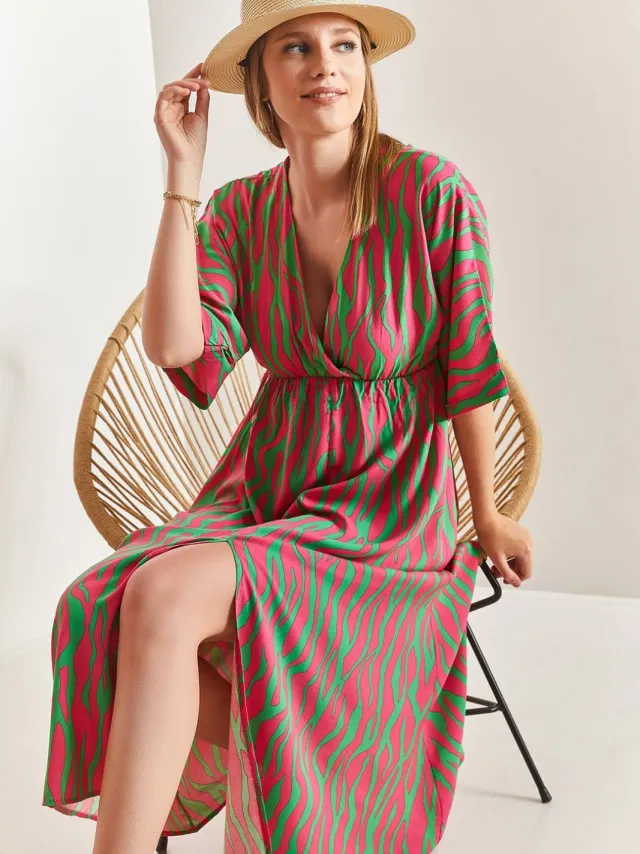 Bianco Lucci Geprinte V-hals Midi-jurk met Split Fuchsia