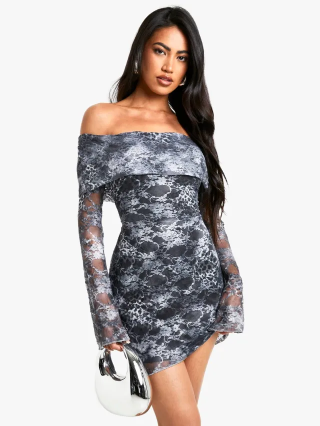 boohoo Dames Mixed Animal Kanten Bardot Mini Jurk Ijsgrijs