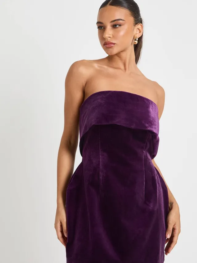 boohoo Dames Velvet Bardot Crepe Jurk Pruim