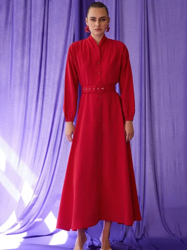 TOUCHÉ PRIVÉ Poplin jurk met knoopdetails - Rood - Dames