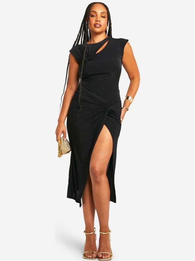 boohoo Dames Plus Slinky Twist Detail Midi Jurk Zwart