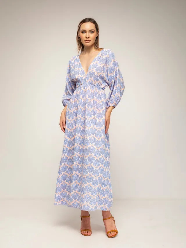 Tantra Geprinte jurk met elastische taille, V-hals en V-rug en vetersluiting Blauw