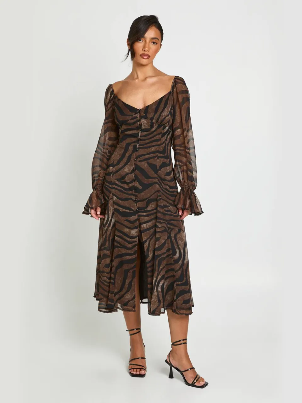 boohoo Dames Gestructureerde Chiffon Midi-jurk Met Toonzetting Zebramotief En Godet Zoom chocoladebruin, foto 2