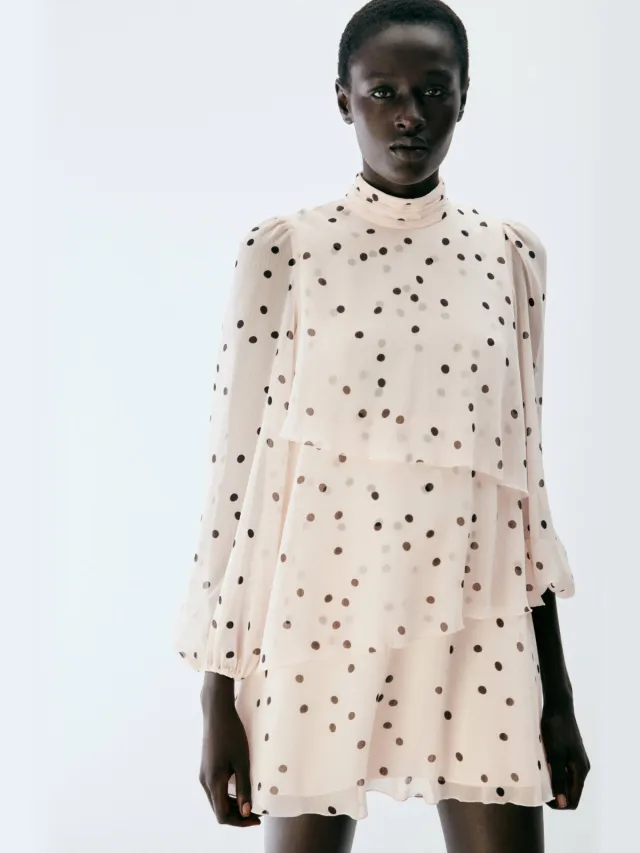 Mango korte jurk met stippen - ecru lichtbeige