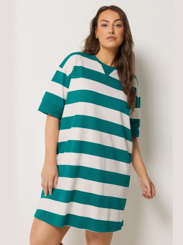Yours Tealblauwe En Witte Gestreepte Tshirtjurk Blue