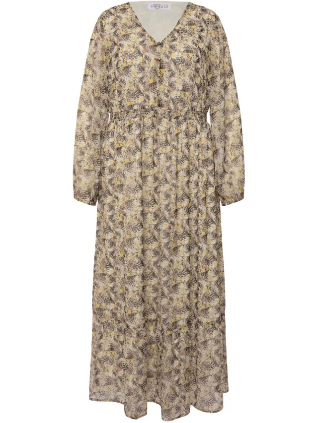 Studio Untold Dames - Maxi-jurk A-lijn Leo minimal V-hals elastische taille - Taupe - Maat 42+