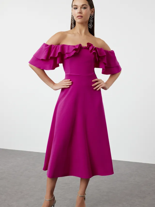 Trendyol TRENDYOLMİLLA Dames Roze Effen Midi Kort Cocktail A-lijn Jurken Fuchsia