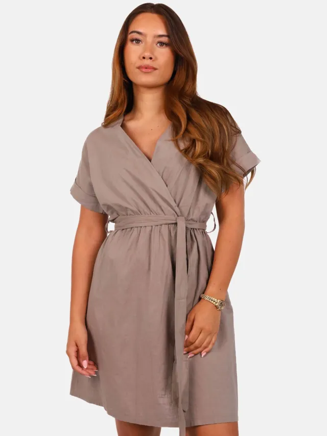 Getdrezzed Linnen blend jurk met strikceintuur taupe