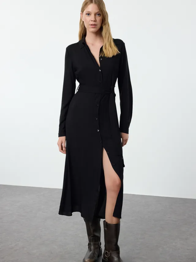 Trendyol TRENDYOLMİLLA Dames Zwart Effen Midi Lang Casual Blousejurk Jurken