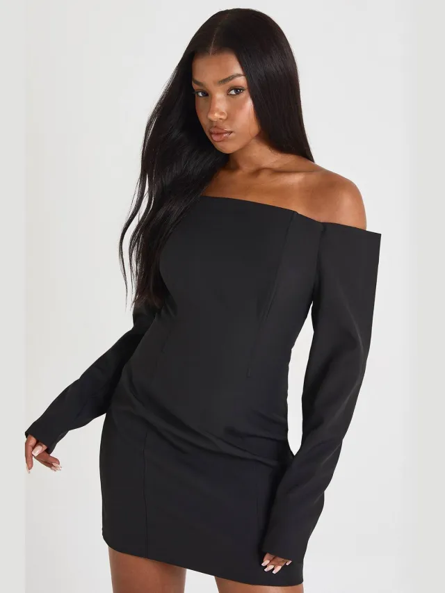 boohoo Dames Boxy bandeau met lange mouwen, getailleerde mini-jurk Zwart