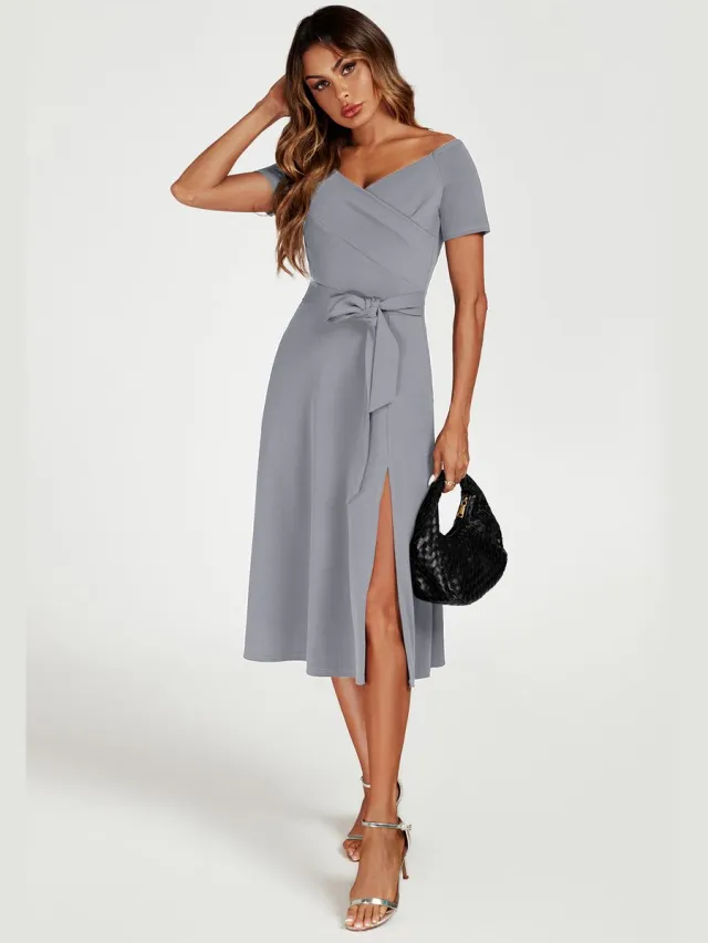 FS Collection Bardot midi-jurk in grijs lichtblauw