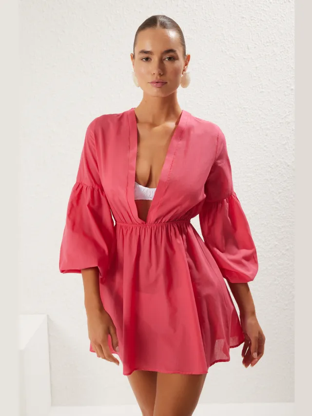 Trendyol TRENDYOLMİLLA Dames Roze Effen Extra Kort / Super Mini Lang Strandkleding Skater Strandjurken Fuchsia