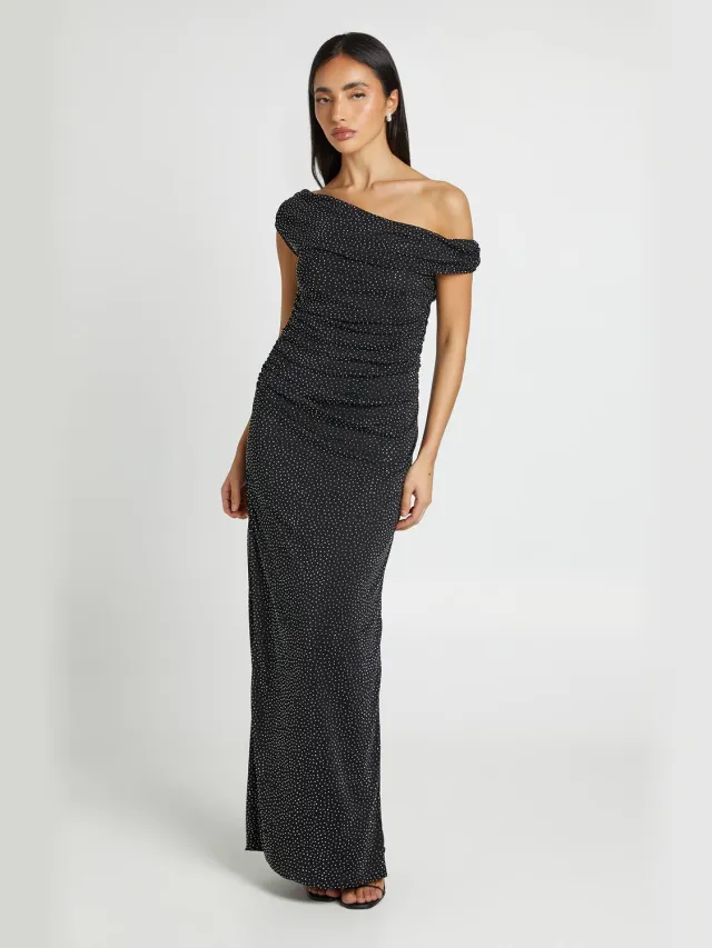 boohoo Dames Maxi-jurk Van Mesh Met Bardot-halslijn En Hotfix-detail Met Plooien Zwart