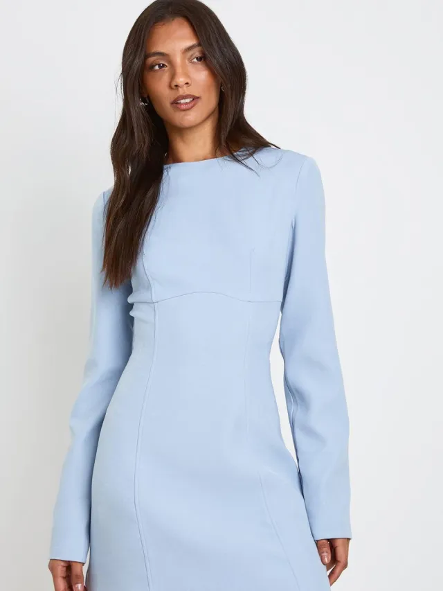 boohoo Dames Lange Getailleerde Shift Jurk Met Lange Mouwen Lichtblauw