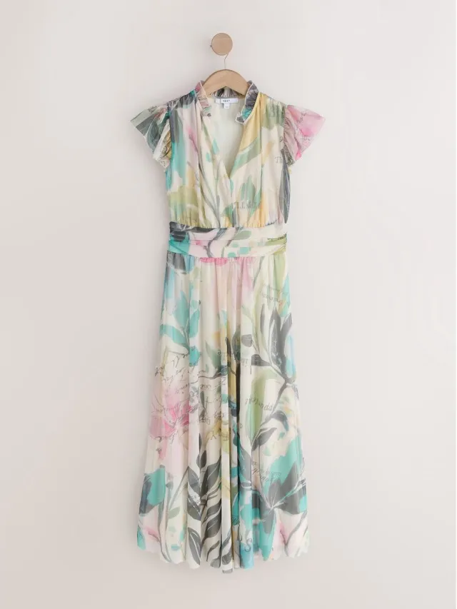 Next Dames - Petite plooirok met meshprint, V-hals, maxi-jurk voor speciale gelegenheden - Petite - Crème