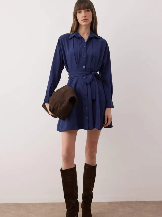 Trendyol TRENDYOLMİLLA Dames Donkerblauw Gestreept Kort / Mini Lang Avond / Dagelijks Blousejurk Jurken Marineblauw/Blauw