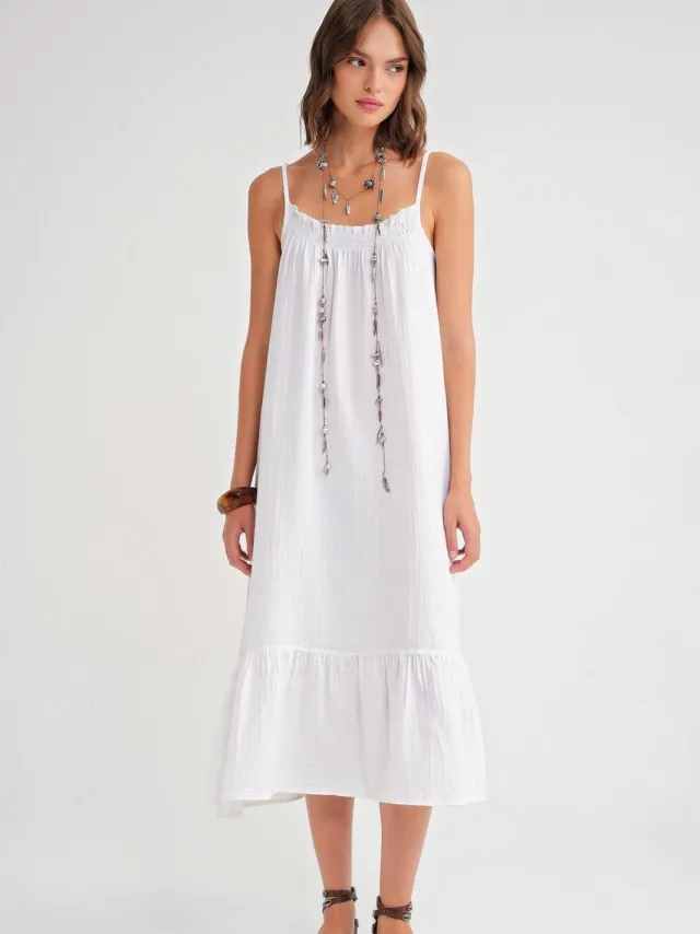 Mixray Midi Musseline Jurk met Ruffles Wit