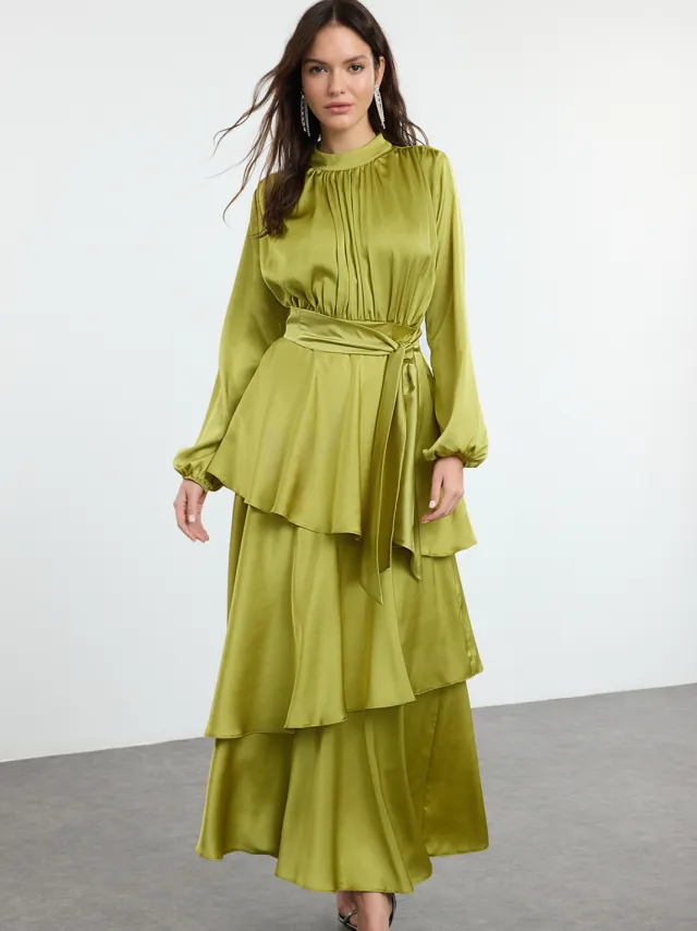 Trendyol Modest Dames Groen Effen Maxi Lang Stijlvol/Avond Skater Modest Avond Jurken