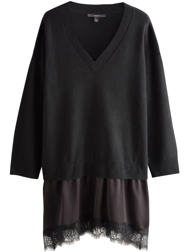 Next Dames - Gebreide 2-in-1 mini-jurk met kant en satijn en lange mouwen - Zwart Black