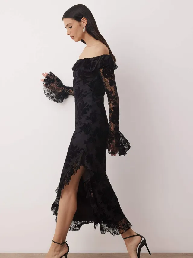 Trendyol TRENDYOLMİLLA Dames Zwart Bloemen Maxi Lang Stijlvol/Avond Recht Jurken