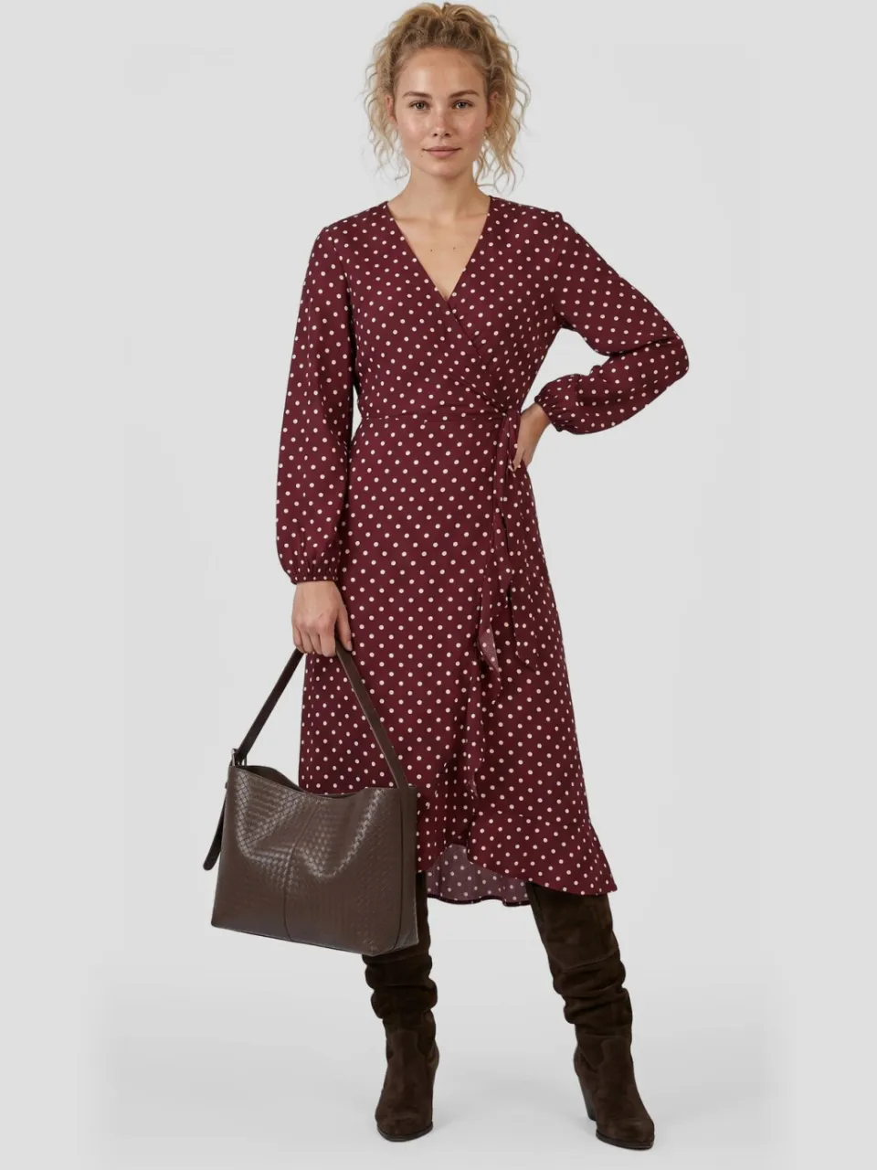 Anytime crinkle overslagjurk met polkadotprint bordeauxrood/roze Bordeuaxrood/roze