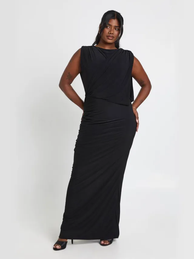 boohoo Dames Plus Draperende Voorkant Gerimpelde Maxi Jurk Blackcurrant
