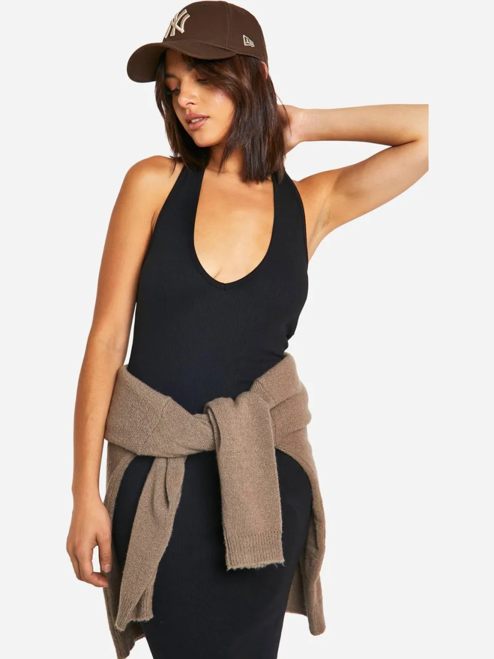 boohoo Dames Basic Rib Plunge Halter Maxi Jurk zwart, foto 2