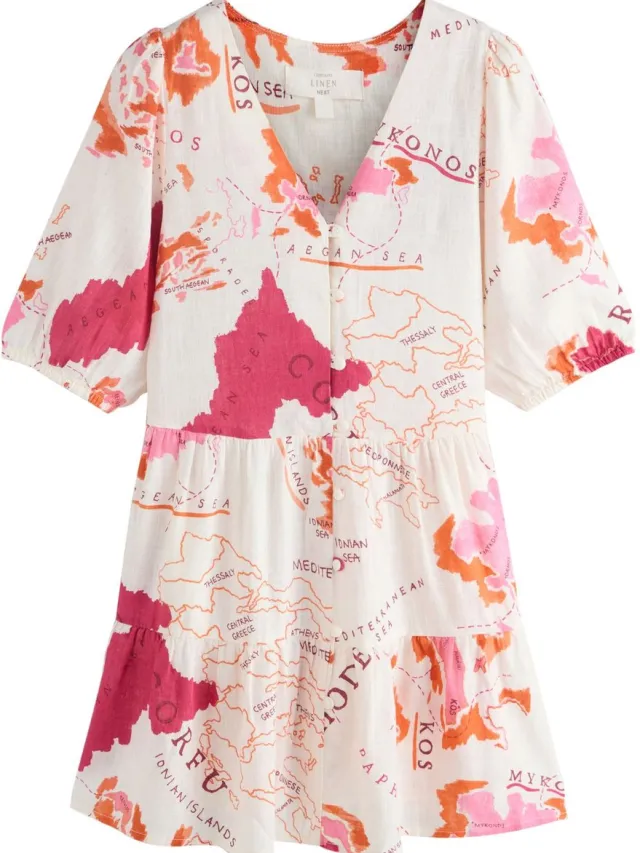 Next Dames - Gelaagde mini-jurk met linnen, met korte mouwen en knoopsluiting - Roze Pink Map Print