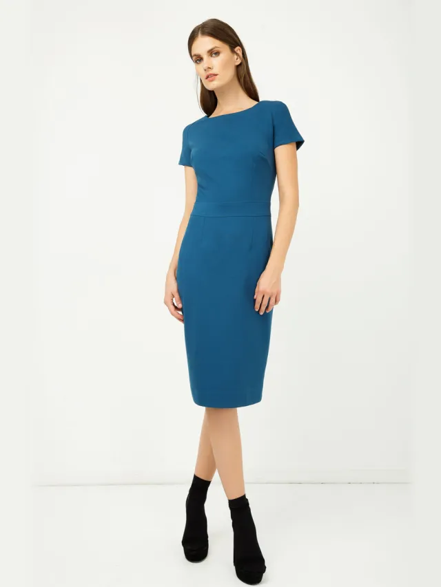 Conquista Petrol Fitted Cap Sleeve Dress Blauw