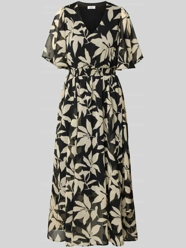 S.Oliver Getailleerde chiffonjurk met all-over motief Zwart