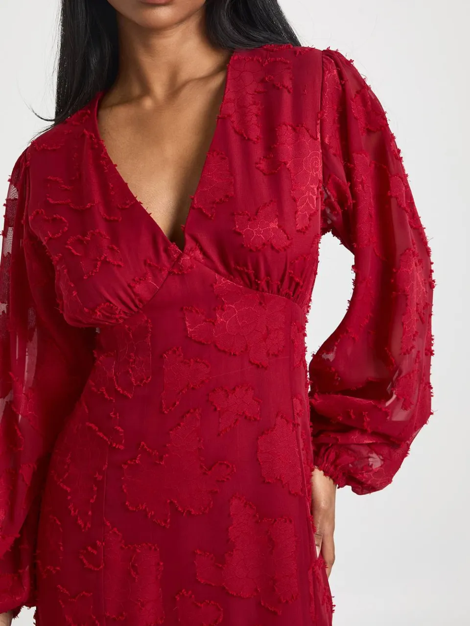 boohoo Dames Burnout Bloemenprint Wijdmouwige Midaxi Jurk merlot, foto 4