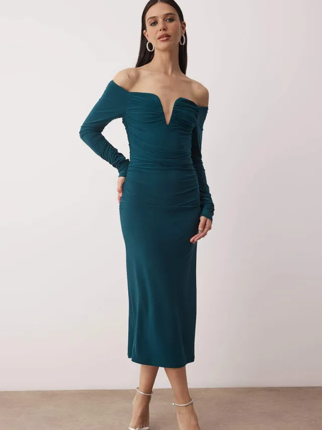 Trendyol TRENDYOLMİLLA Dames Groen Effen Maxi Driekwart mouw Stijlvol/Avond Bodycon Jurken