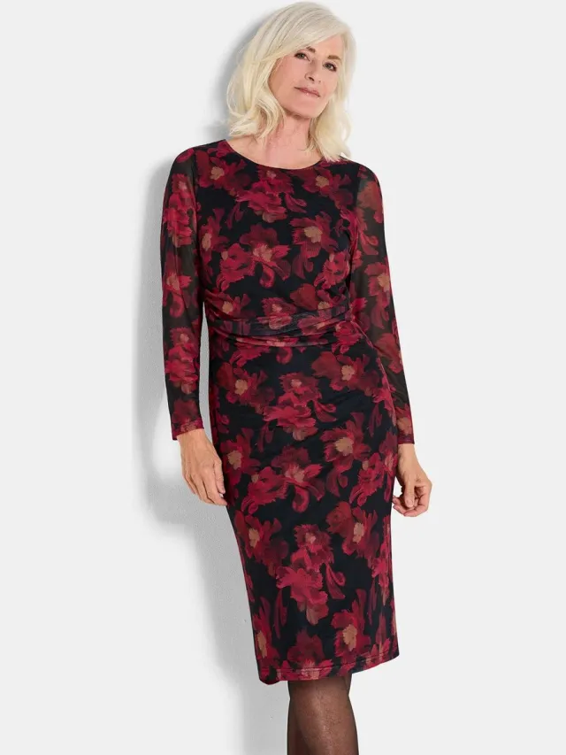 GOLDNER Mesh-jurk Printjurk met bloemenmotief zwart / rood / gebloemd