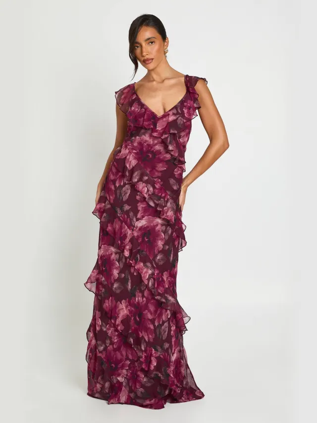 boohoo Dames Chiffon Maxi Jurk Met Ruchedetail En Tonaal Bloemendessin Pruim
