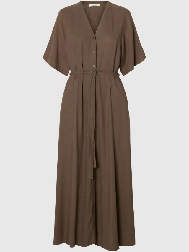 Selected WOMEN Slfviva Regular Linen Blend Dress Dames - Jurk - Bruin