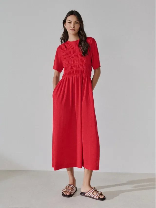 Next Dames - Jersey midi-T-shirtjurk met korte mouwen en aangerimpeld lijfje - Rood Red
