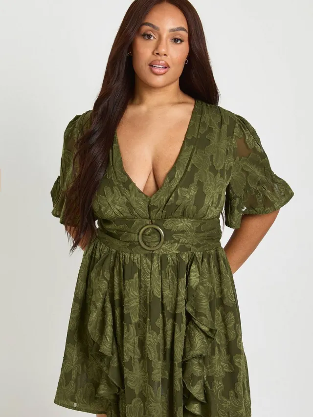 boohoo Dames Plus Burnout Bloemen Lange Mouw Skater Jurk Kaki
