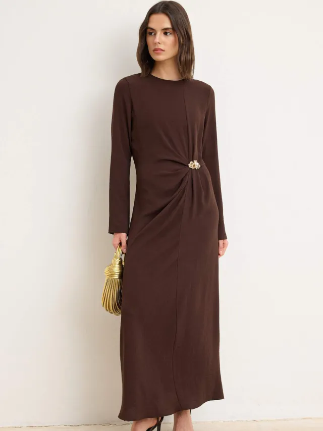 Trendyol Modest Dames Bruin Effen Maxi Lang Avond / Dagelijks Recht Modest Jurken